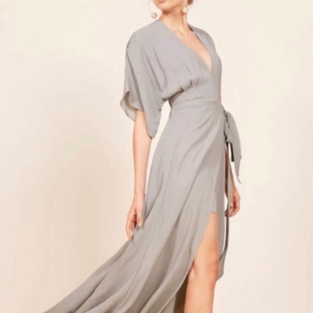 Reformation Women's Winslow Wrap Maxi Dress Fog Belt Short Sleeves - Size S